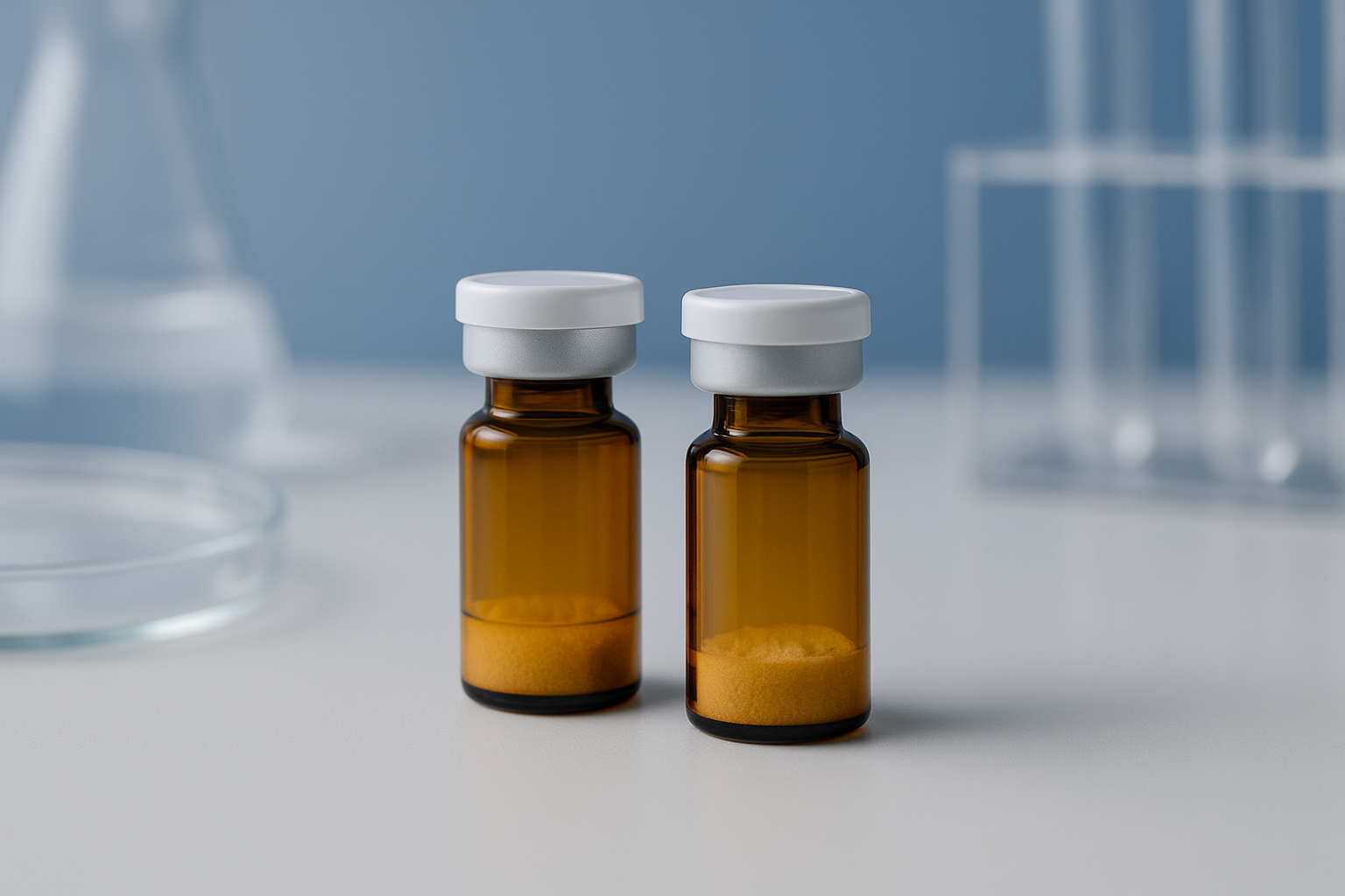 Amber lyophilised TB-500 research peptide vials on a clinical laboratory bench