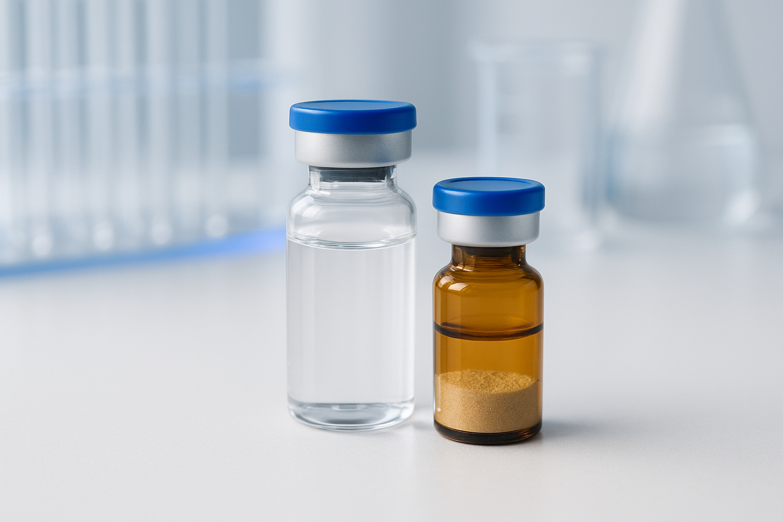 Sterile bacteriostatic water vial beside a lyophilised peptide vial on a clinical surface