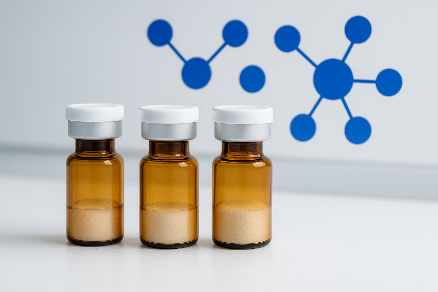 Three amber peptide vials representing single, dual and triple receptor agonists