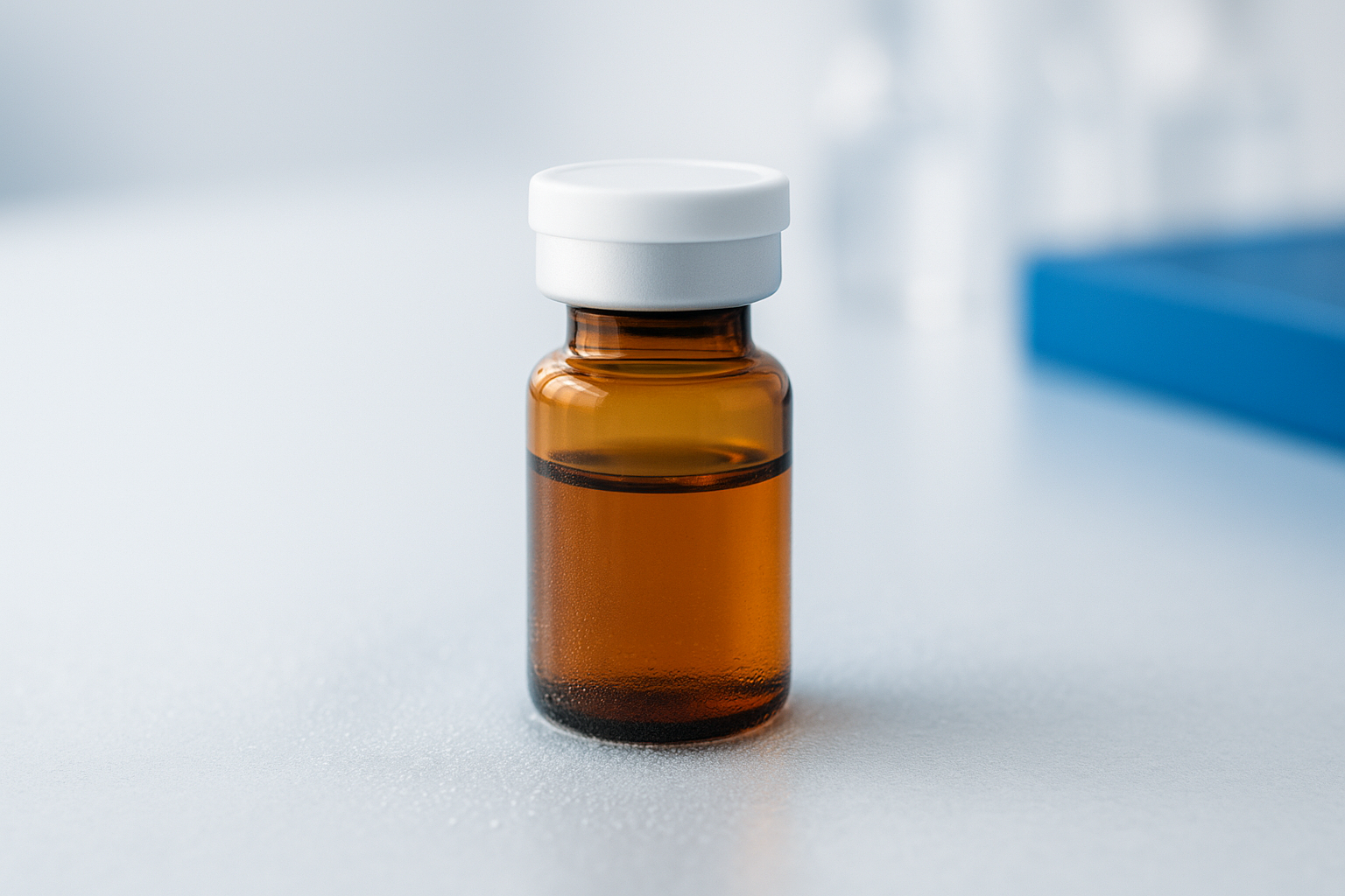 Peptide vial on a frosted cold-storage surface with condensation