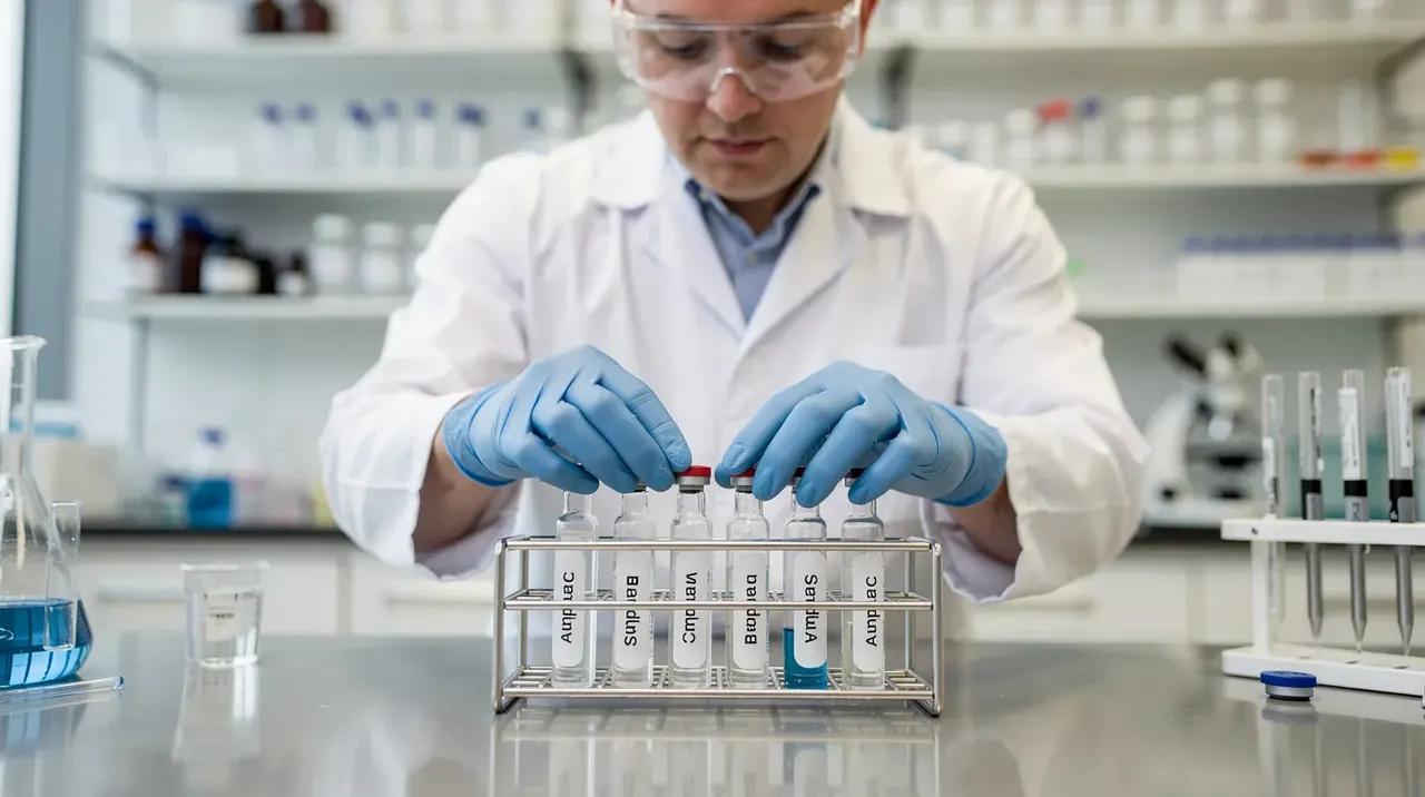 Researcher inspecting labelled peptide vials in a clean laboratory.