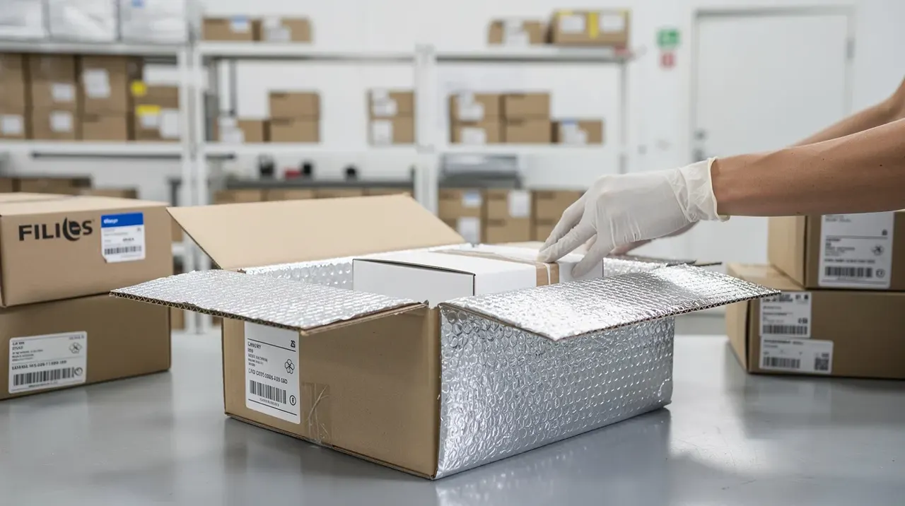 Insulated cold-chain packaging prepared for tracked peptide shipping.