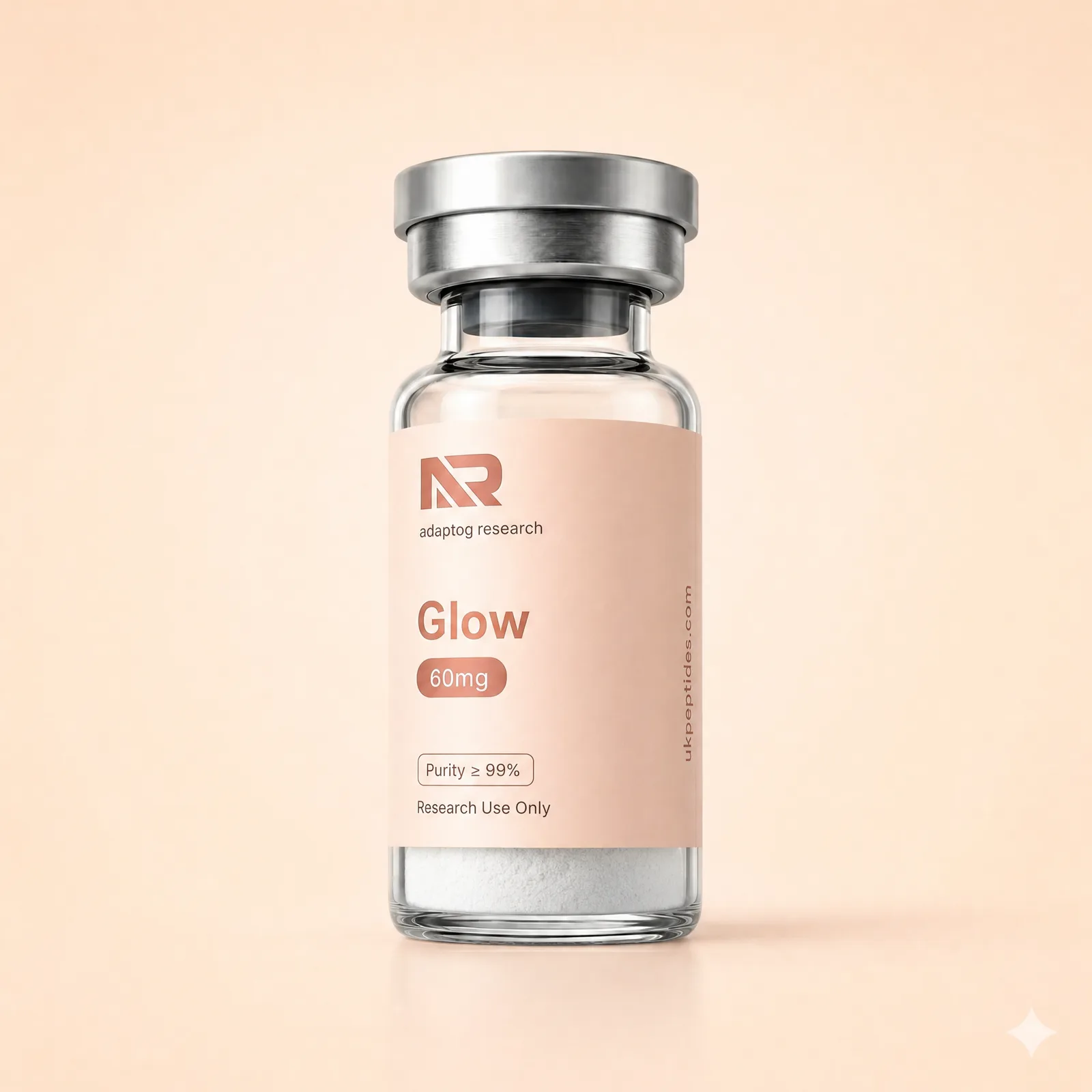 Glow research peptide vial — 99.0% HPLC purity, lyophilised