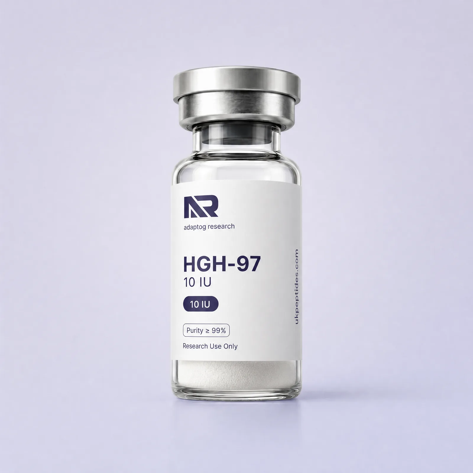 HGH-97 research peptide vial — 99.0% HPLC purity, lyophilised